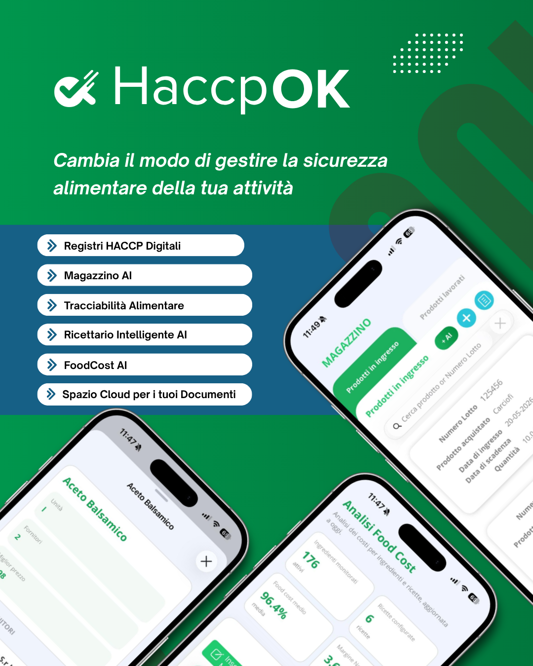 Promotional banner for HACCPOK software: green background, white logo, Italian tagline, and a blue panel listing app features with rounded pills and device screenshots on the right side.