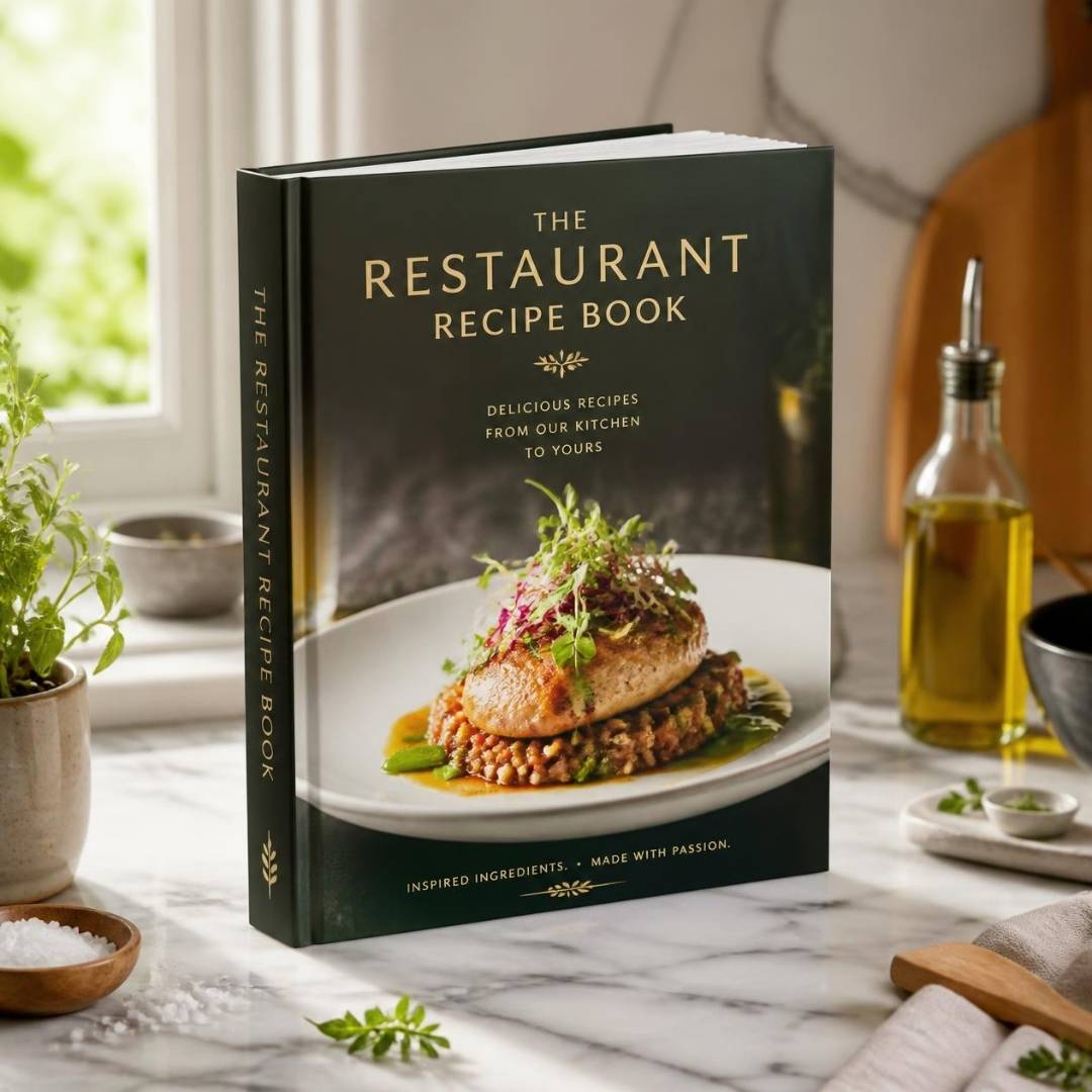The Restaurant Recipe Book cover showing a plated entrée with greens on a marble counter.”,