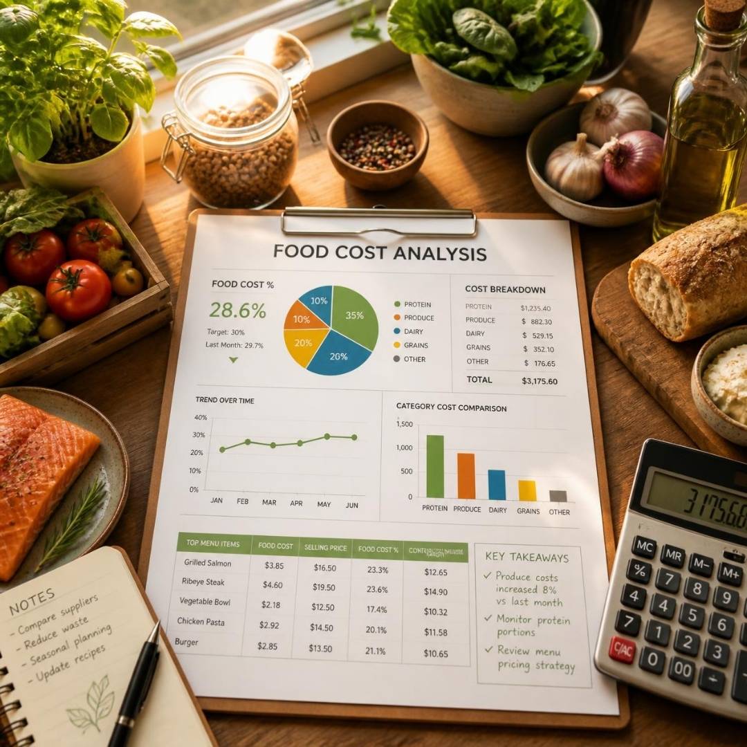 Clipboard-style document titled 'Food Cost Analysis' with pie chart and line graph on a wooden kitchen table, surrounded by vegetables, bread, spices, and a calculator.