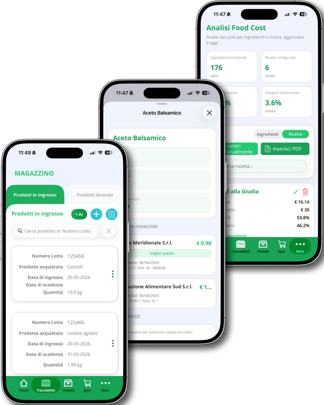 Three smartphone screens show an Italian inventory/cost analysis app, with sections like Magazzino and Analisi Food Cost.