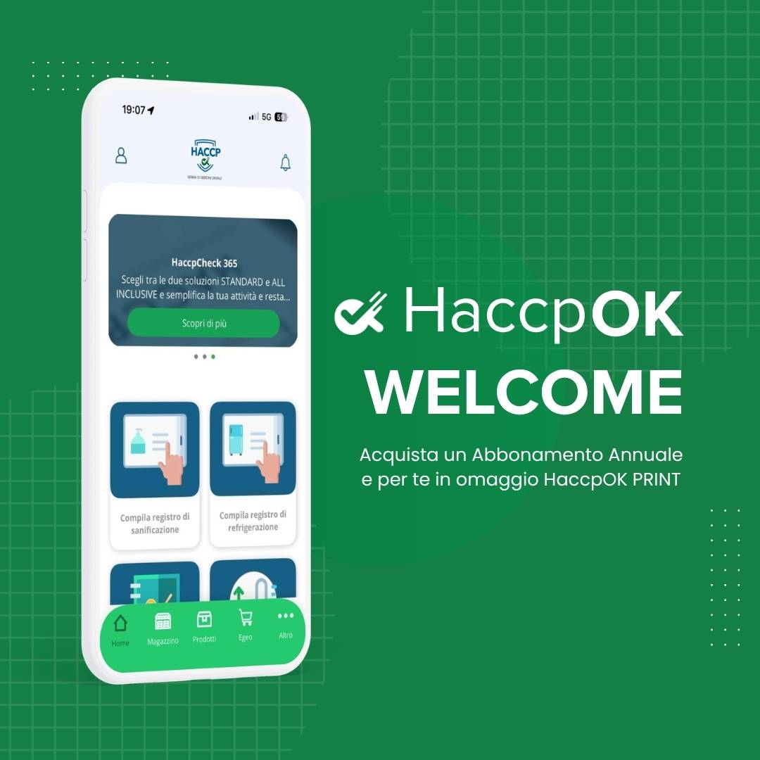 Promo graphic showing a smartphone with the HaccpOK app screen on the left, set against a green background, with large white text 'HaccpOK WELCOME' and Italian subtitle about an annual subscription and a free HaccpOK PRINT.