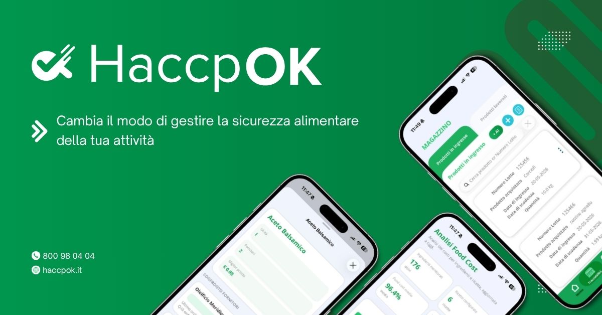 Promozione dell'app HaccpOK per gestire la sicurezza alimentare, sfondo verde con logo e tre smartphone che mostrano l'interfaccia dell'app.