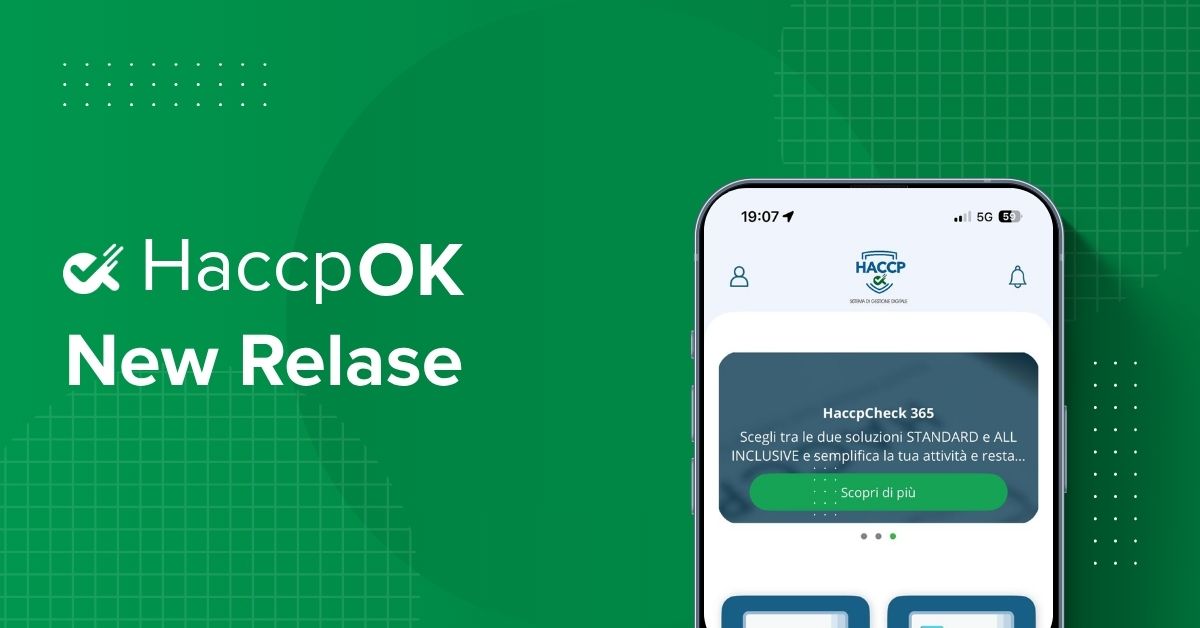 copertina_haccpok_new_relase - Gestionale HaccpOK Green promotional banner for HaccpOK new release, with bold white text on the left and a smartphone mockup on the right.