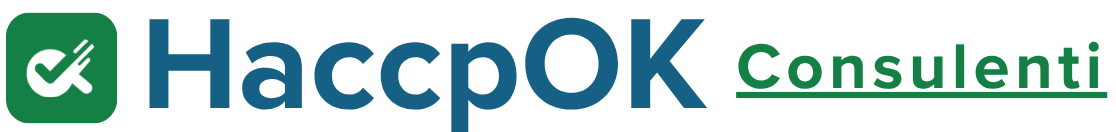 Logo for HACCP OK Consulenti, with a green rounded-square icon showing a white check and hand, followed by blue 'HaccpOK' and green underlined 'Consulenti'.