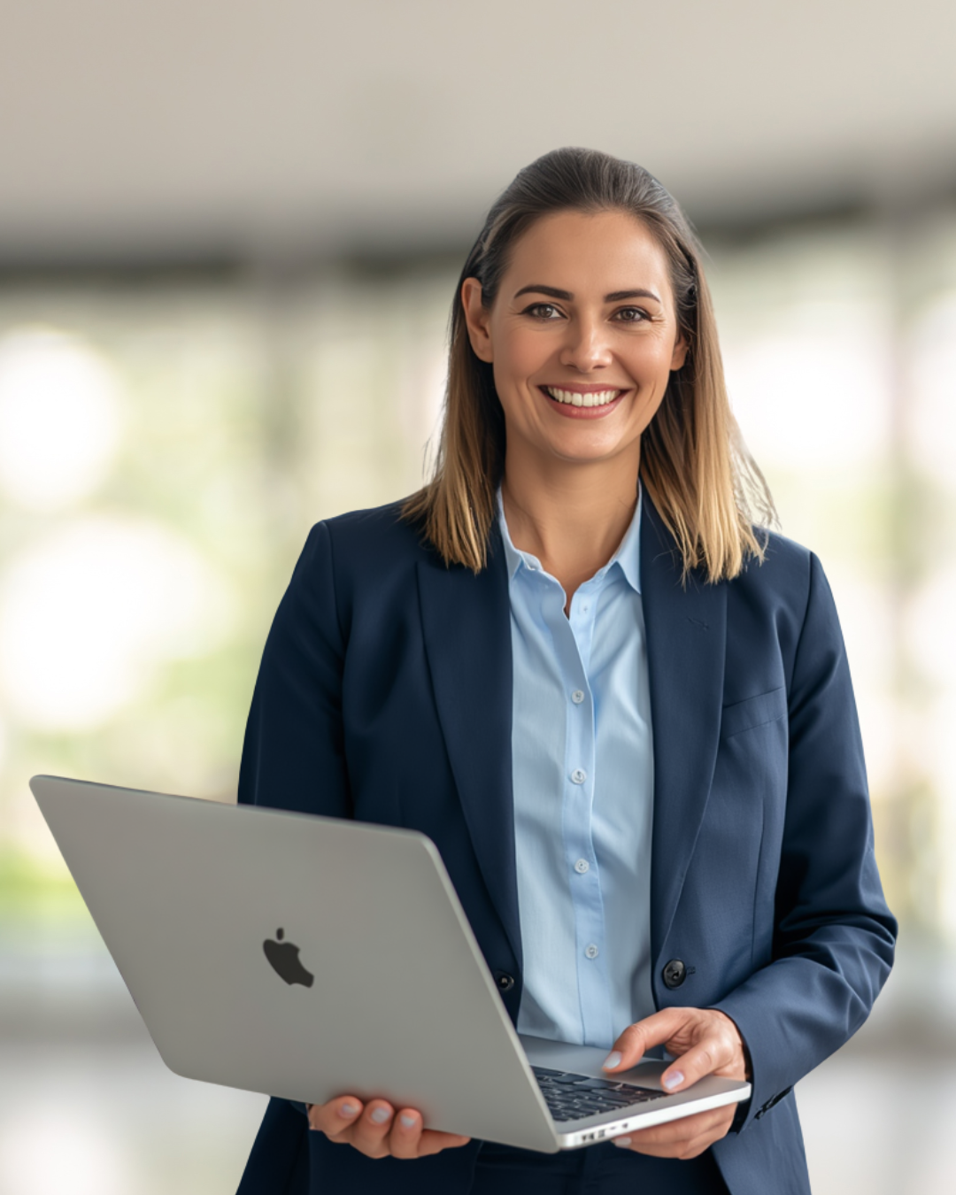 Professional woman in a navy blazer holding a silver laptop and smiling at the camera.