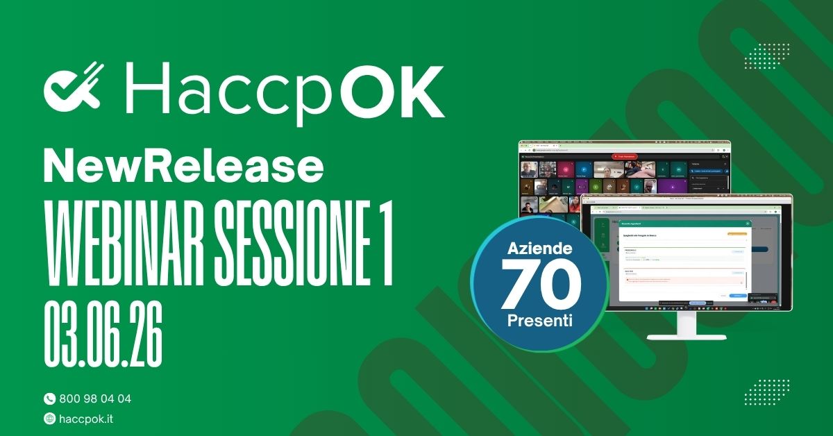 Green banner advertising HaccpOK NewRelease Webinar Sessione 1 on 03.06.26; blue badge shows 'Aziende 70 Presenti' with two computer monitors to the right.