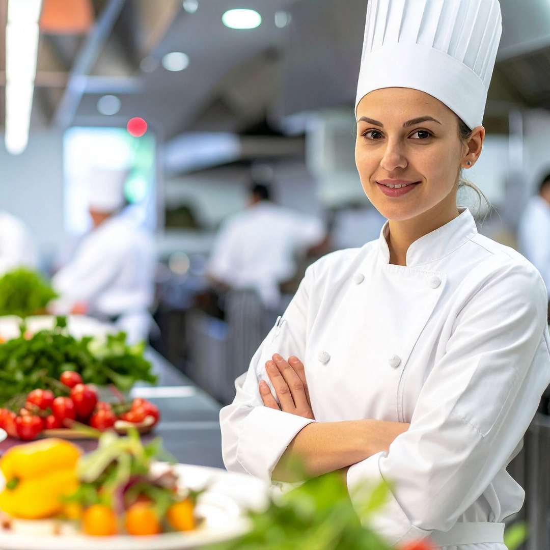 Female chef in a white uniform and tall hat stands with arms crossed in a busy kitchen, fresh vegetables in the foreground.