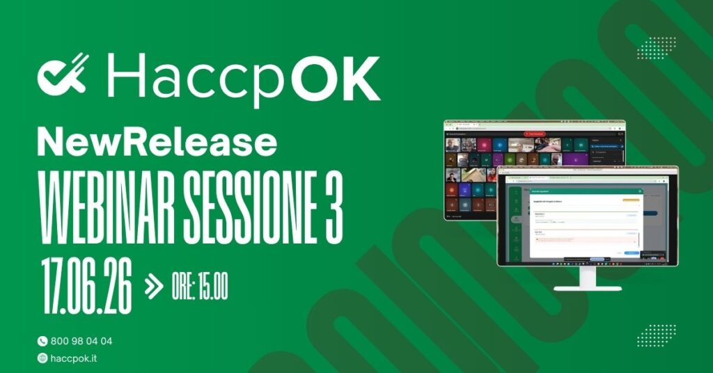 webinar 3 - Gestionale HaccpOK - Gestionale HaccpOK Green banner advertising HaccpOK webinar: Sessione 3, 17.06.26, ore 15:00; two monitor illustrations on a green background.