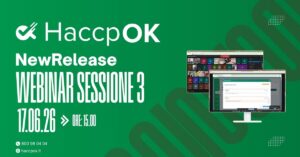 Green banner advertising HaccpOK webinar: Sessione 3, 17.06.26, ore 15:00; two monitor illustrations on a green background.