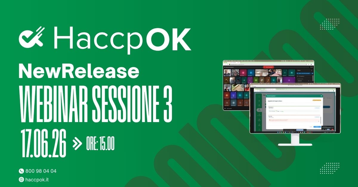 Green banner advertising HaccpOK webinar: Sessione 3, 17.06.26, ore 15:00; two monitor illustrations on a green background.