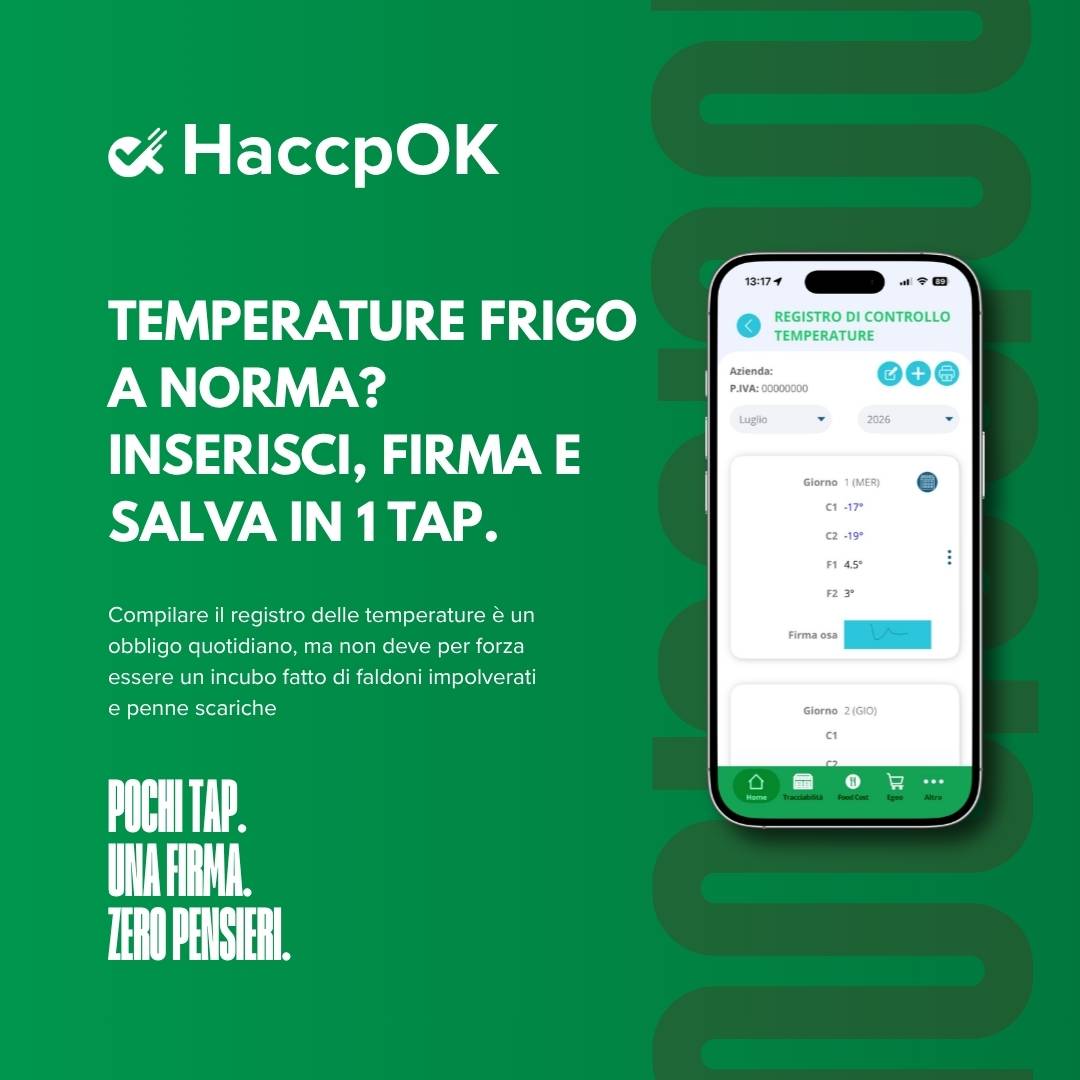 Promo poster for HaccpOK: green background with bold white Italian text about fridge temperature and a smartphone app screen on the right side showing the app interface.