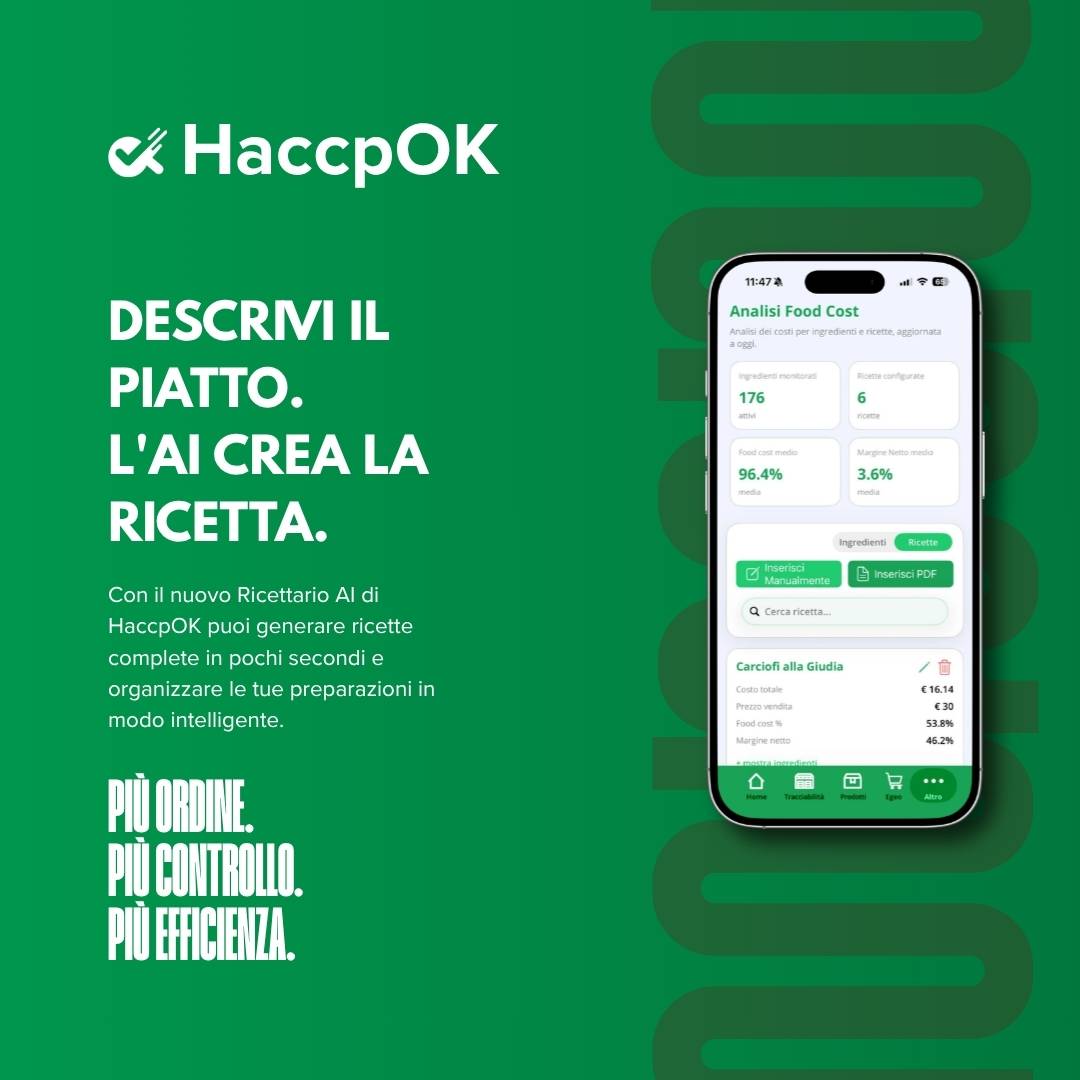 Annuncio verde di HaccpOK con testo in italiano: 'Descrivi il piatto. L’AI crea la ricetta.' accanto a uno smartphone che mostra l’interfaccia dell’app.