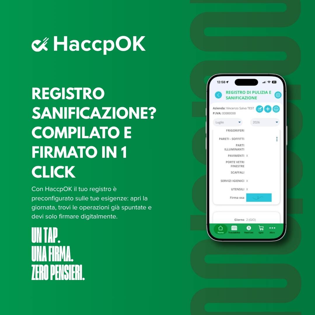 Green HaccpOK ad: bold white text asks 'Registro Sanificazione? Compilato e Firmato in 1 Click' with a phone app mockup on the right.